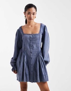 Miss Selfridge Miss Selfridge long sleeve chambray mini dress in blue wash