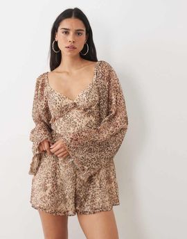 Miss Selfridge Miss Selfridge long sleeve chiffon romper in animal-Multi