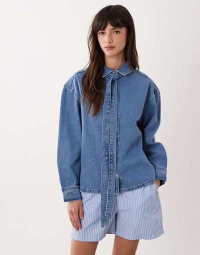 Miss Selfridge Miss Selfridge long sleeve denim shirt with bow-Blue