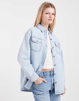 Miss Selfridge Miss Selfridge long sleeve easy denim shirt in bleach wash-Blue