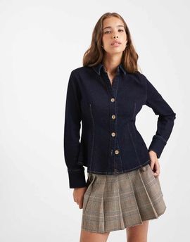 Miss Selfridge Miss Selfridge long sleeve fitted denim shirt in indigo wash-Blue