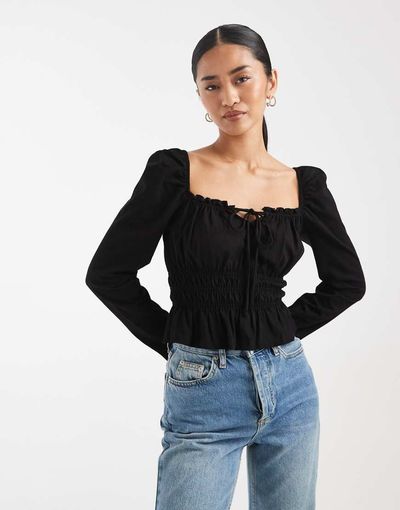 Miss Selfridge Miss Selfridge long sleeve milkmaid top in black