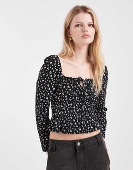 Miss Selfridge Miss Selfridge long sleeve milkmaid top in dark based ditsy print-Multi
