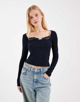 Miss Selfridge Miss Selfridge long sleeve rib knit top with lace detailing in navy-Multi