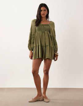 Miss Selfridge Miss Selfridge long sleeve romper with embroidery in olive-Green