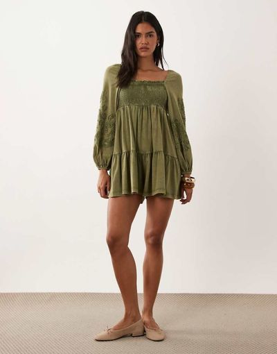 Miss Selfridge Miss Selfridge long sleeve romper with embroidery in olive-Green