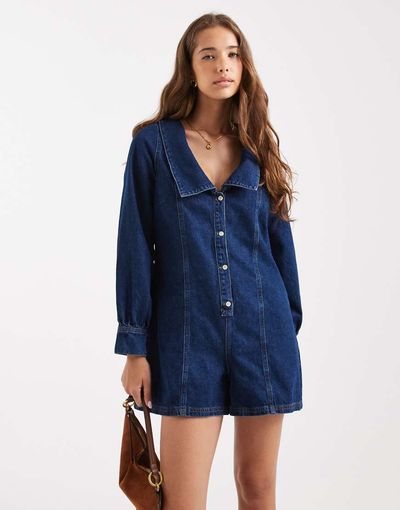 Miss Selfridge Miss Selfridge long sleeve sailor romper in mid wash-Blue