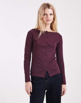 Miss Selfridge Miss Selfridge longer line ribbed cardigan in plum-Green