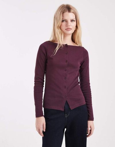 Miss Selfridge Miss Selfridge longer line ribbed cardigan in plum-Green