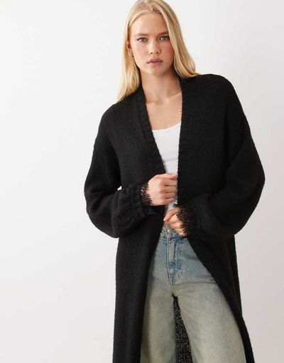 Miss Selfridge Miss Selfridge maxi-length cardigan with lace cuff detailing in black