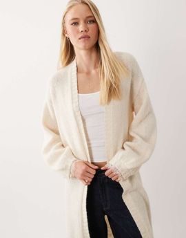 Miss Selfridge Miss Selfridge maxi-length cardigan with lace cuff detailing in oatmeal-Brown