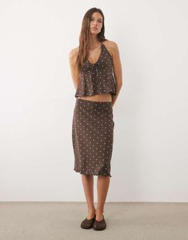 Miss Selfridge Miss Selfridge midi skirt with lace trim in polka dot print-Brown