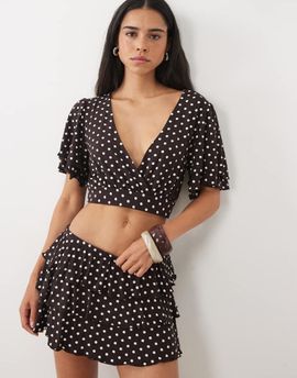 Miss Selfridge Miss Selfridge mini rara skort in chocolate polka dot - part of a set-Brown