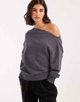 Miss Selfridge Miss Selfridge off-the-shoulder pleated sweatshirt in charcoal gray acid wash
