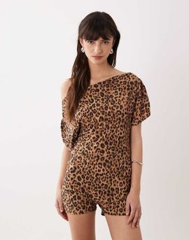 Miss Selfridge Miss Selfridge off-the-shoulder romper in leopard print-Multi