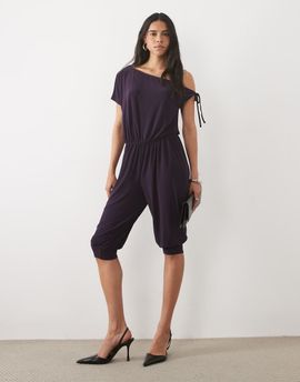 Miss Selfridge Miss Selfridge off shoulder capri jumpsuit in dark purple-Gray