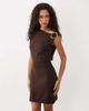 Miss Selfridge Miss Selfridge off shoulder dress in chocolate with brooch detail-Brown - 1