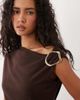 Miss Selfridge Miss Selfridge off shoulder dress in chocolate with brooch detail-Brown - 3