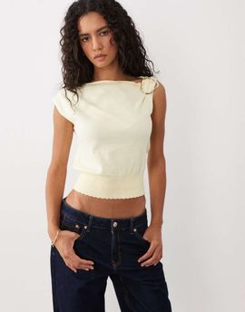 Miss Selfridge Miss Selfridge off shoulder top in yellow with brooch detail