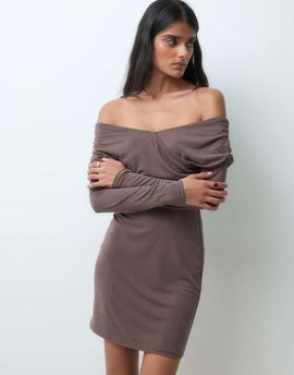 Miss Selfridge Miss Selfridge off shoulder wrap mini dress-Brown