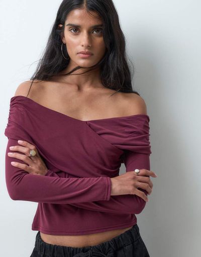 Miss Selfridge Miss Selfridge off shoulder wrap top-Brown