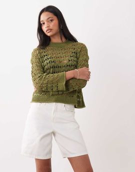 Miss Selfridge Miss Selfridge open crochet stitch sweater in olive-Green