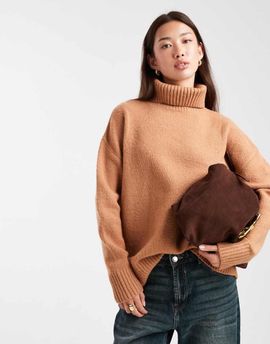 Miss Selfridge Miss Selfridge oversized turtle neck slit hem sweater in camel-Neutral