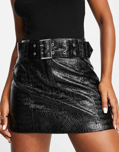 Miss Selfridge Miss Selfridge patent croc mid rise belted mini skirt in black