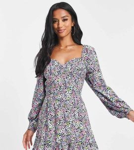 Miss Selfridge Miss Selfridge Petite corset detail ruffle mini tea dress in ditsy print-Multi