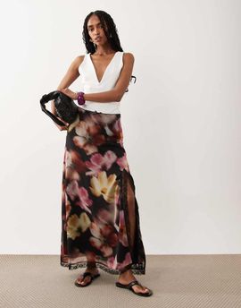 Miss Selfridge Miss Selfridge picot trim midi skirt in blurred floral-Multi