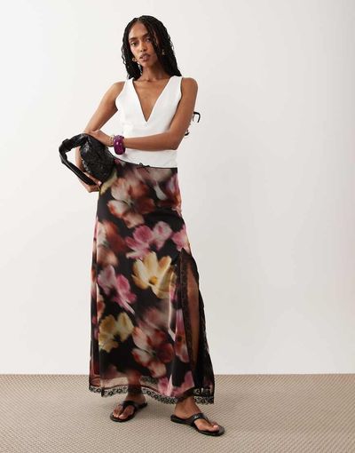 Miss Selfridge Miss Selfridge picot trim midi skirt in blurred floral-Multi