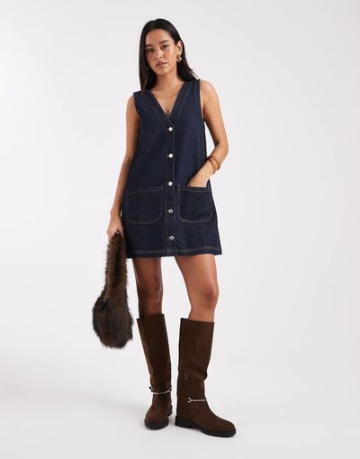 Miss Selfridge Miss Selfridge pinafore denim dress in indigo-Navy