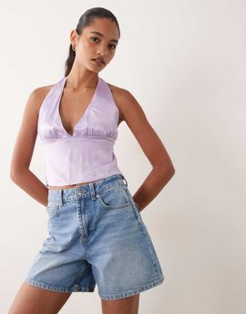 Miss Selfridge Miss Selfridge plunge satin halter top in lilac-No color