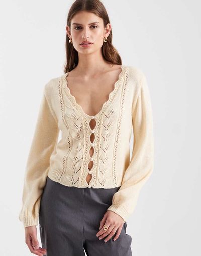 Miss Selfridge Miss Selfridge pointelle faux pearl detail sweater in buttermilk-Yellow