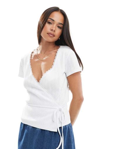 Miss Selfridge Miss Selfridge pointelle lace trim wrap top in white