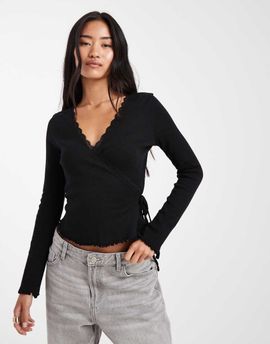Miss Selfridge Miss Selfridge pointelle wrap over top in black