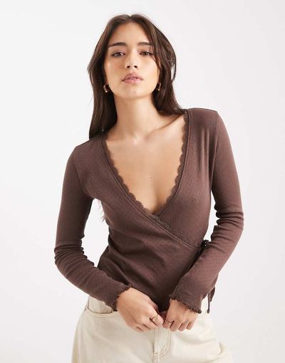Miss Selfridge Miss Selfridge pointelle wrap over top in chocolate-Brown