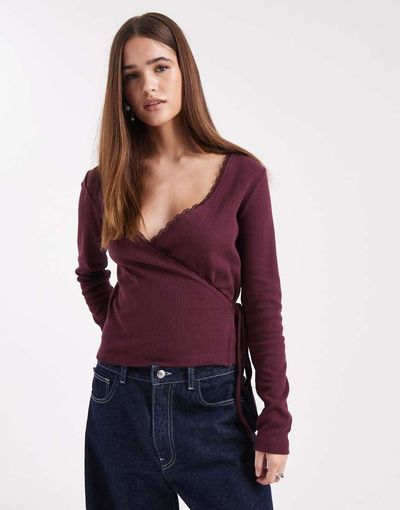Miss Selfridge Miss Selfridge pointelle wrap top in plum-Purple