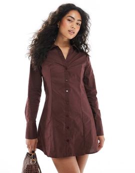 Miss Selfridge Miss Selfridge poplin fitted shirt dress in chocolate-Brown