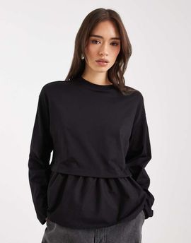 Miss Selfridge Miss Selfridge poplin mix ruffle hem T-shirt-Black