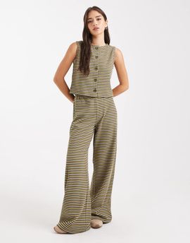 Miss Selfridge Miss Selfridge premium rib knit wide leg pants in stripes-Multi