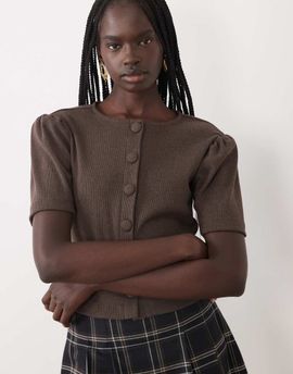 Miss Selfridge Miss Selfridge puff sleeve button down top in chocolate brown - part of a set