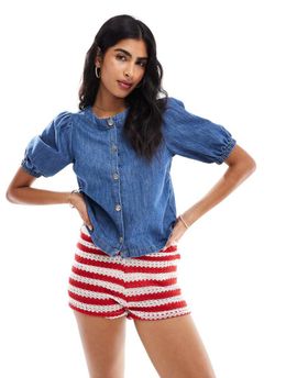 Miss Selfridge Miss Selfridge puff sleeve denim top in mid blue