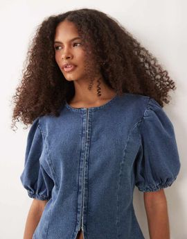 Miss Selfridge Miss Selfridge puff sleeve denim top in mid blue wash - part of a set