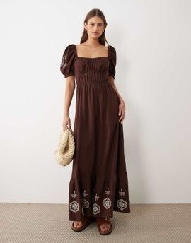 Miss Selfridge Miss Selfridge puff sleeve maxi dress with embroidery in chocolate brown