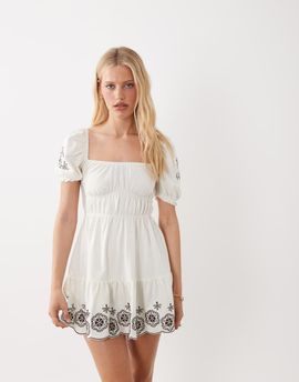 Miss Selfridge Miss Selfridge puff sleeve milkmaid mini dress with embroidery in cream-White