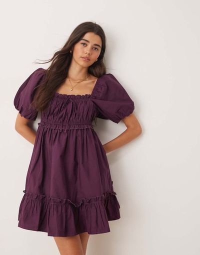 Miss Selfridge Miss Selfridge puff sleeve mini dress in plum-Purple