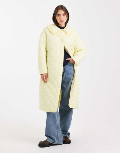 Miss Selfridge Miss Selfridge quilted maxi coat in buttermilk-Yellow