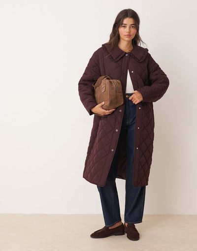 Miss Selfridge Miss Selfridge quilted maxi coat in plum-Purple