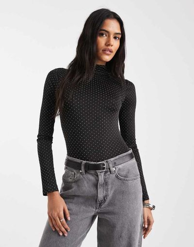 Miss Selfridge Miss Selfridge rhinestone bodysuit in black-Brown